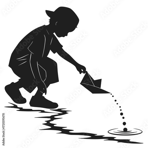 Boy releasing paper boat into stream silhouette