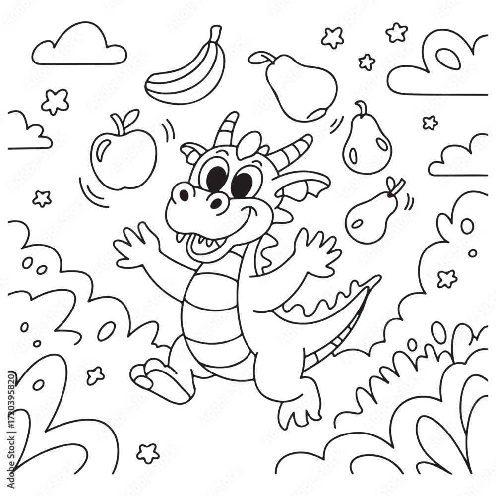 Fototapeta premium little&nbsp;dragon Coloring Pages with Black and white vector illustration