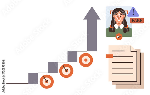 Arrow chart shows upward growth alongside document stack, target checkpoints, and deepfake video warning. Ideal for data security, technology progress, analytics, education, fraud prevention, AI