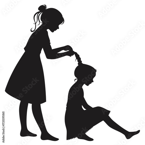 Girl braiding another’s hair silhouette