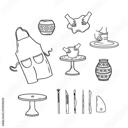 A set of pottery tools, an apron, equipment, vases, tools. A collection of wooden tools for making clay sculptures. Equipment for an art studio.Vector illustration