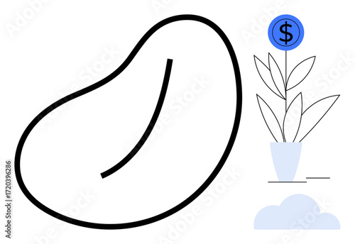 Abstract bean outline with a vibrant plant in a pot topped by a dollar coin. Ideal for finance, investment growth, sustainability, innovation, wealth inspiration, ecology, simple flat metaphor