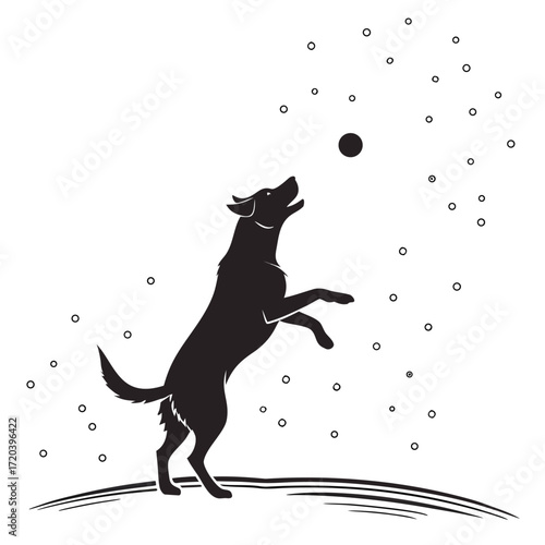 Dog leaping to catch snowball silhouette