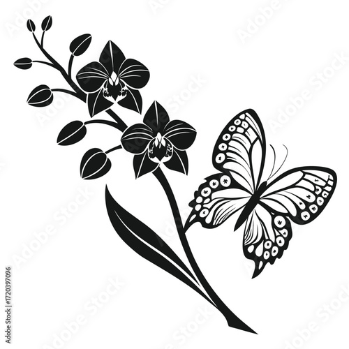 Butterfly hovering near orchid silhouette