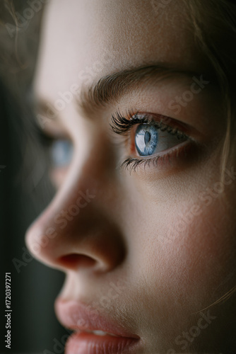 closeup shot of captivating female eyes that convey deep focus set against clean gray background