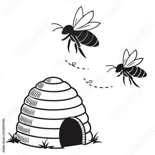 Bee flying around beehive silhouette