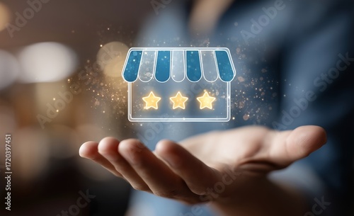 Hand Holding Digital Store Icon with Star Ratings