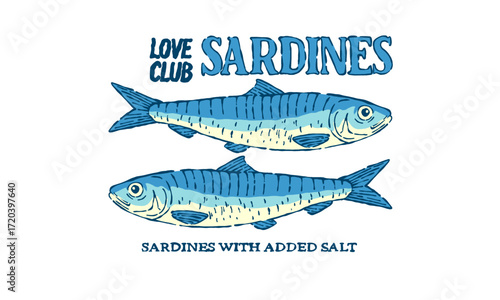 Vintage illustration of two sardines with added salt. Retro Love Club Sardines artwork for tinned fish brand, t shirt print