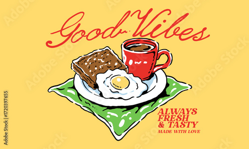 Vintage illustration of a classic breakfast with coffee and eggs. Retro Good Vibes artwork for cafe menu, t shirt print