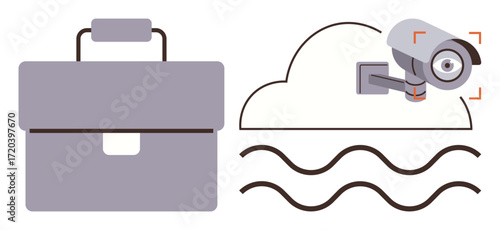 Business briefcase and cloud with surveillance camera highlight cloud storage, security, technology, and data. Ideal for business, surveillance, technology, cloud security, data management privacy