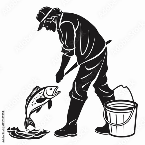 Fisherman cleaning freshly caught fish silhouette