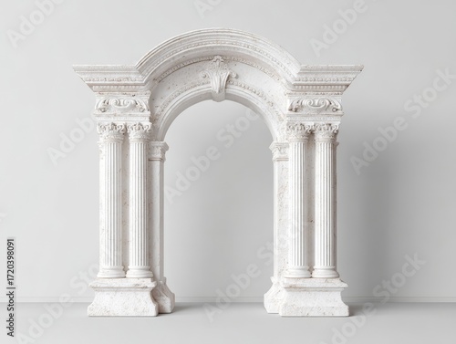 White stone arch with carved columns, clean wall. Great for decor, architecture, creative projects.
