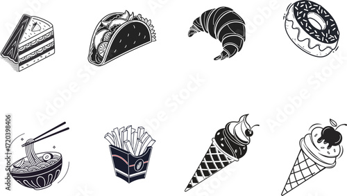 Assortment of black and white doodle food icons Keywords: food, icons, illustration, doodle