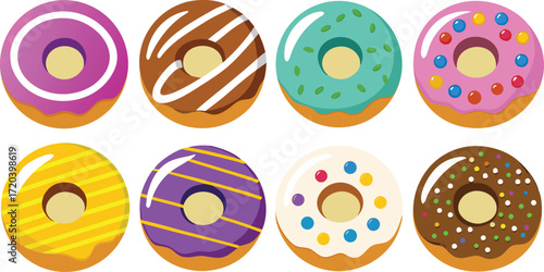 Assortment of eight colorful frosted donuts with sprinkles and icing Keywords: donut, doughnut