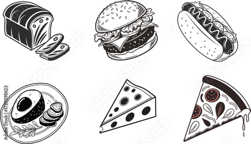 Assortment of Food Items Including Bread, Burger, Hot Dog, and Pizza loaf sliced