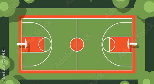 Overhead view of a basketball court surrounded by trees and greenery.