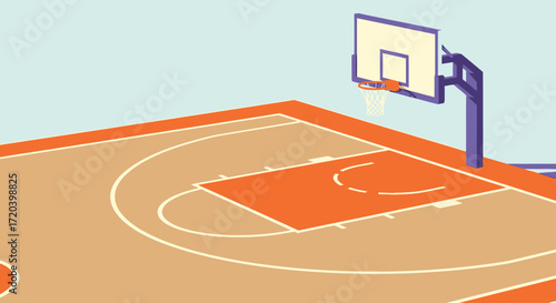 Isometric view of a basketball court with hoop and net.
