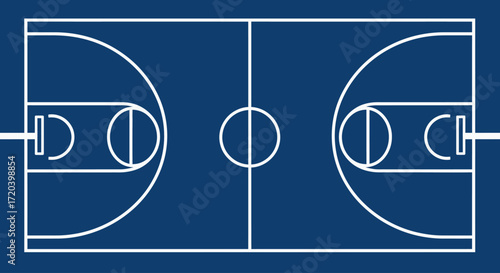 Overhead view of a regulation basketball court, lines clearly marked on a dark blue background.