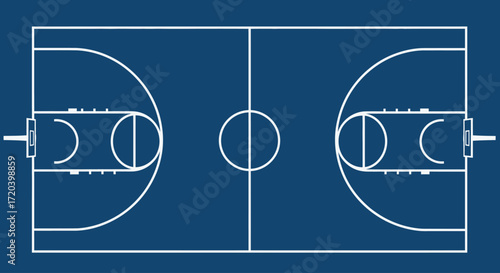 Overhead view of a standard basketball court, lines and key areas clearly marked.