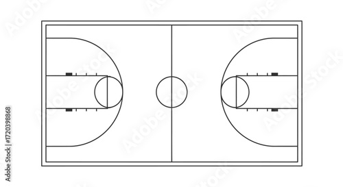 Overhead view of a standard basketball court diagram, showing lines, hoops, and center circle.