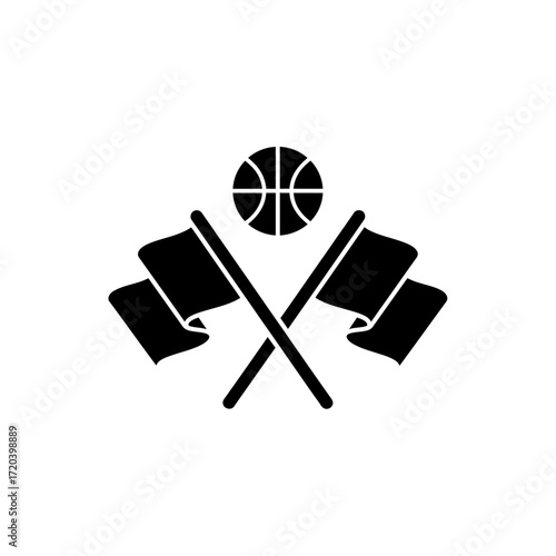 Silhouette illustration of a basketball positioned above two crossed flags, representing sports.