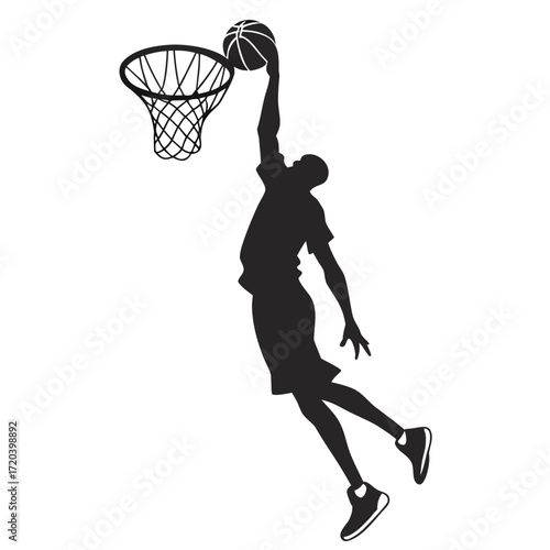 Basketball player dunking with one hand silhouette