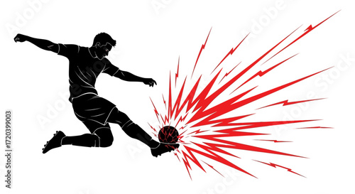 Powerful soccer player kicking ball, dynamic action, explosive energy.