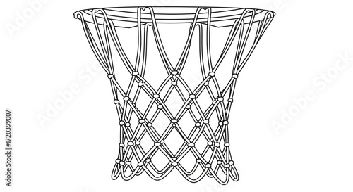 Detailed line drawing of a basketball hoop net, showing its intricate woven design and structure.