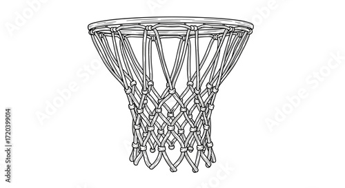Detailed line drawing of a basketball hoop net, showing its intricate woven design and structure.