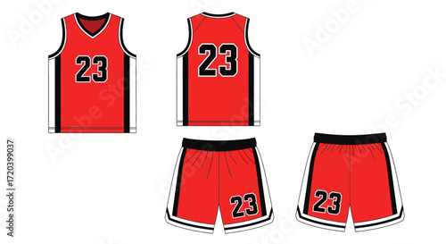 Blank basketball team uniform design kit in red, black, and white. Front and back view of jersey and shorts vector mockup template