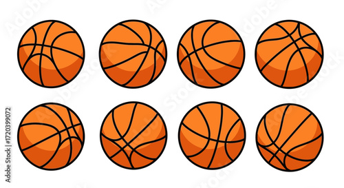 Set of cartoon basketball illustrations. Vector graphic sports equipment icons isolated on a white background for athletic design