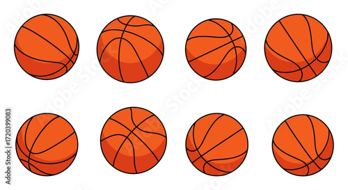 A collection of isolated orange basketballs, vector graphic icons for sports design and athletic competition themes