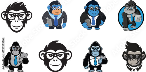 Cartoon business gorillas wearing suits and glasses with tablets Keywords: gorilla, ape, monkey