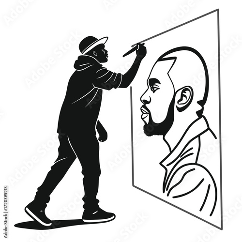 Street artist drawing chalk portrait silhouette
