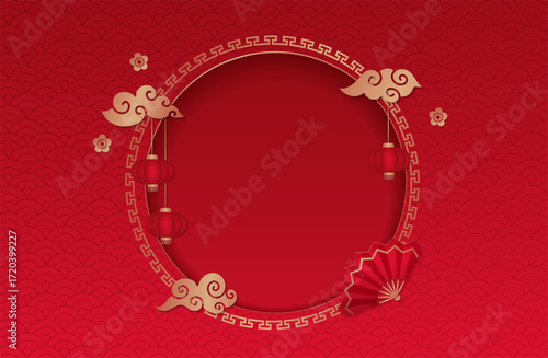 Traditional Decorative round frame for design with Chinese wavy ornament. Circle frame with shadow. Template for printing cards, invitations with golden clouds, fa, lanterns. Vector.