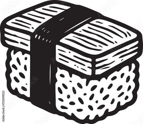Black and white linocut vector of tamago nigiri sushi with egg slice and rice block wrapped in seaweed engraving style