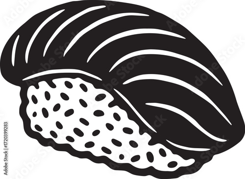 Black and white linocut vector of tuna nigiri sushi with rice block in bold woodblock print engraving Japanese art style