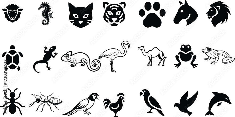 Obraz premium Collection of animal icons in silhouette on white background wildlife creature