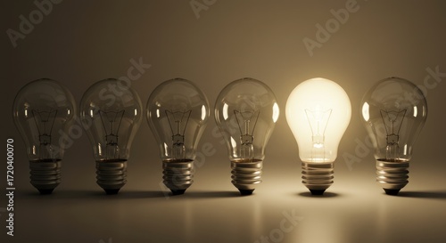 Row of light bulbs with one illuminated on a neutral background.