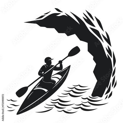Kayaker gliding through cave silhouette