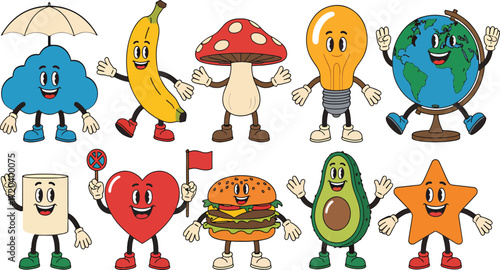 Collection of retro cartoon characters with smiling faces and arms outstretched Keywords: retro