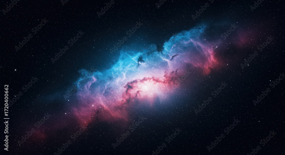 Fototapeta premium Colorful nebula with blue and pink hues in a dark space background.