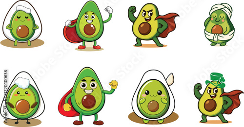 Eight Adorable Cartoon Avocados in Various Costumes and Poses fruit food
