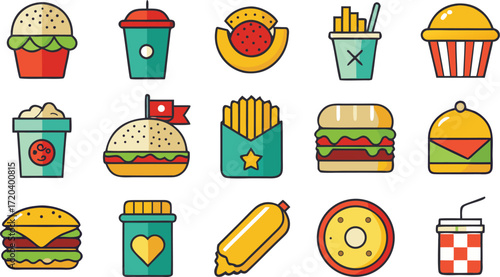 Flat design icons of fast food and drinks Keywords: fast food, burger, hamburger, fries, french
