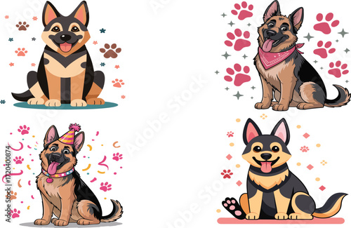 Four Cute German Shepherd Dogs in Festive Settings with Paws puppy animal