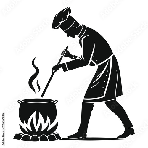 Chef stirring pot over fire silhouette