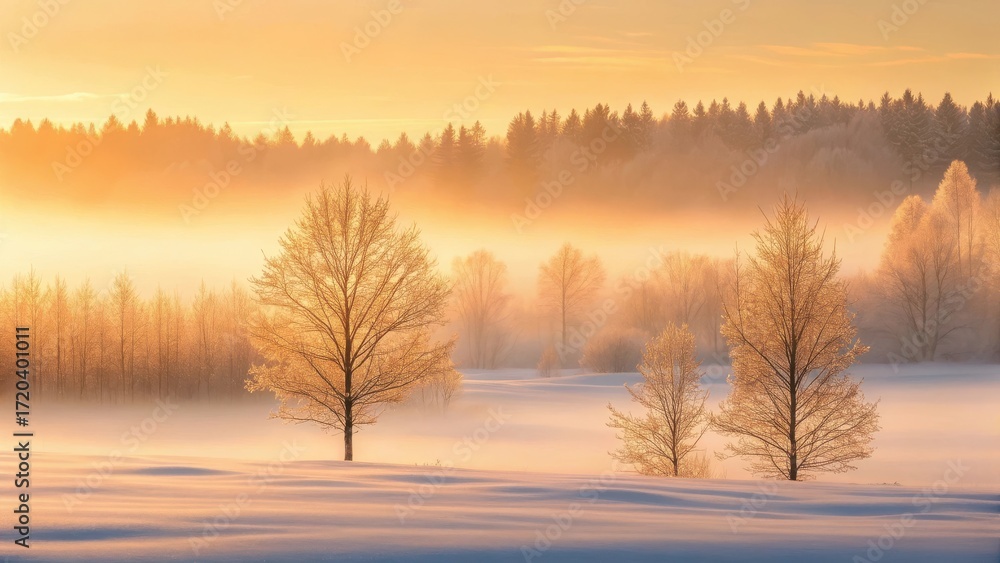 Fototapeta premium Golden sunrise illuminates a frosted winter landscape with bare trees and distant pine forest shrouded in mist