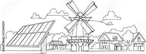 Photovoltaic panel and windmill for green energy generation. One continuous line art drawing.
