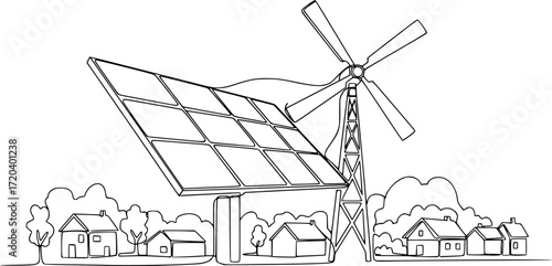 Photovoltaic panel and windmill for green energy generation. One continuous line art drawing.