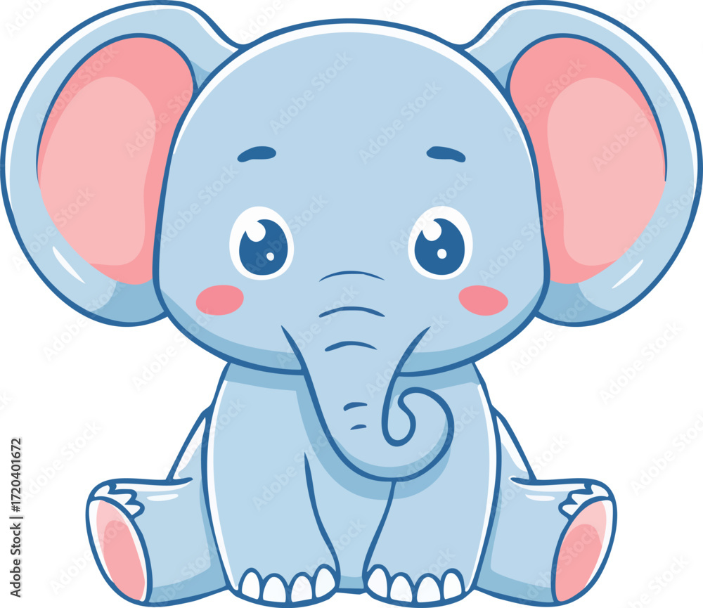 Fototapeta premium Cute cartoon baby elephant sitting, adorable wildlife animal illustration with big ears and trunk, blue elephant character art for children, zoo, safari, jungle design, nursery decoration and kids pro